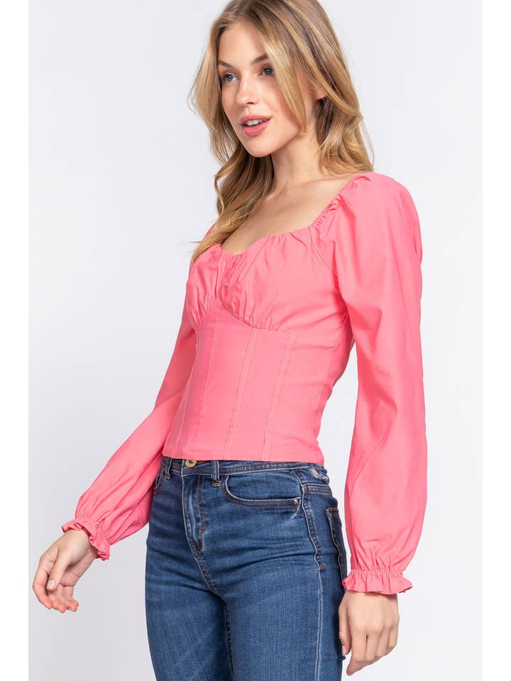 Active Basic | Active USA - Wholesale Blouse - Women's - Long Sleeve Sweetheart Neckline Stretch Bustier Top