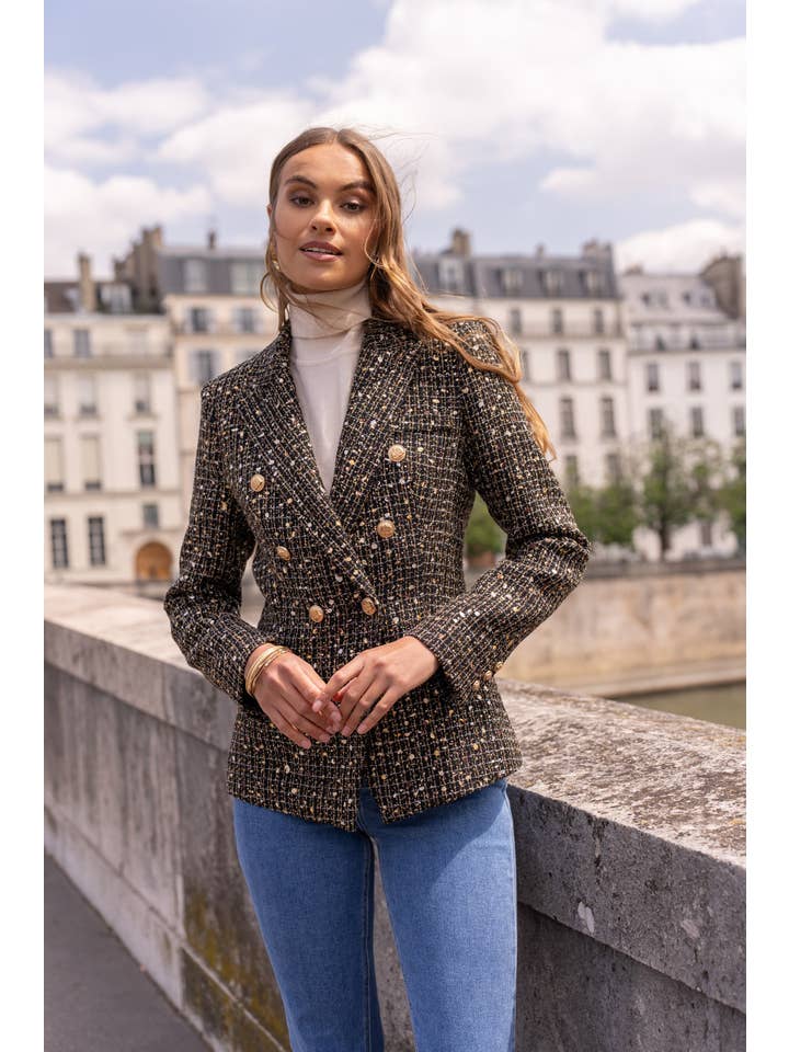 Attentif Paris – wholesale Blazer – Women's – Black shiny sequin tweed double-breasted blazer jacket
