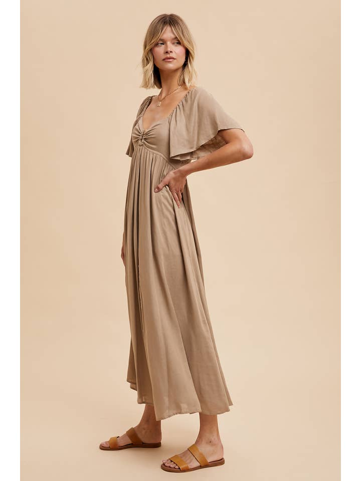 In Loom - Wholesale Dress - Women's - LINEN TENCEL FLUTTER SLEEVE MAXI DRESS WITH GOLD NOTCH
