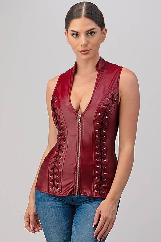 Lydia USA - Wholesale Blouse - Women's - Sexy Pleather Sleeveless Zip Up Top with Cross Cut3