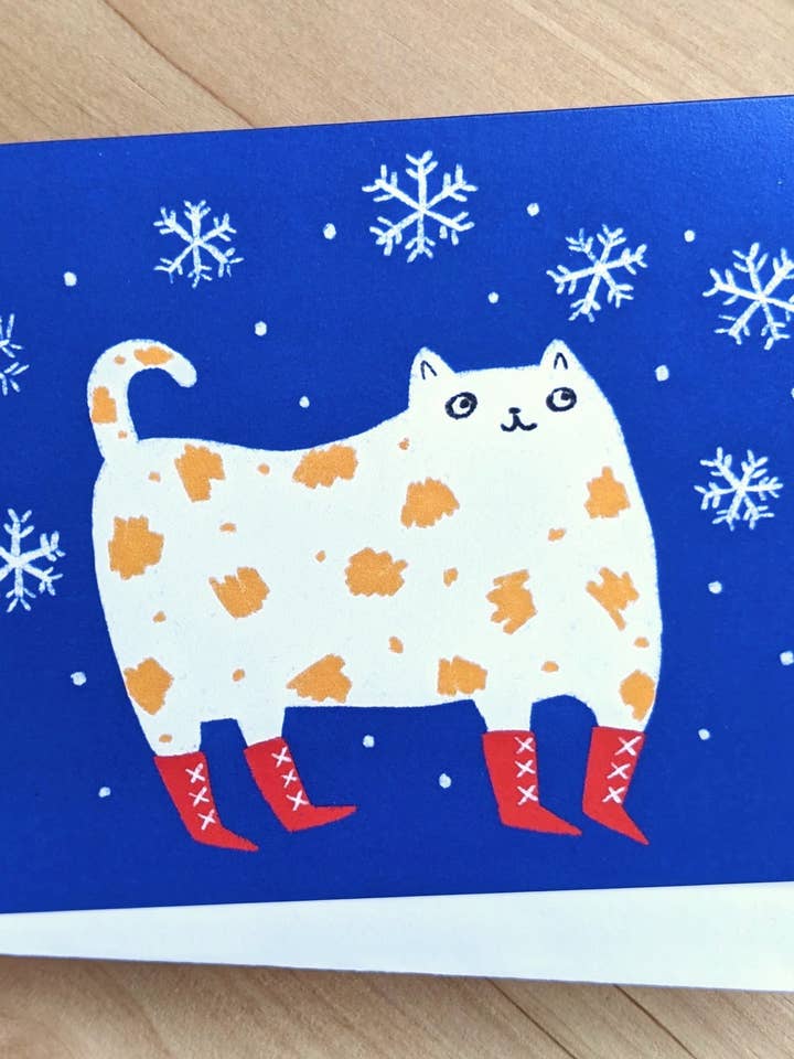 Snow Cat - holiday greeting card - blank inside - cute for wholesale by Stephanie Brachmann Studios (formerly Rhino Sky Creations)