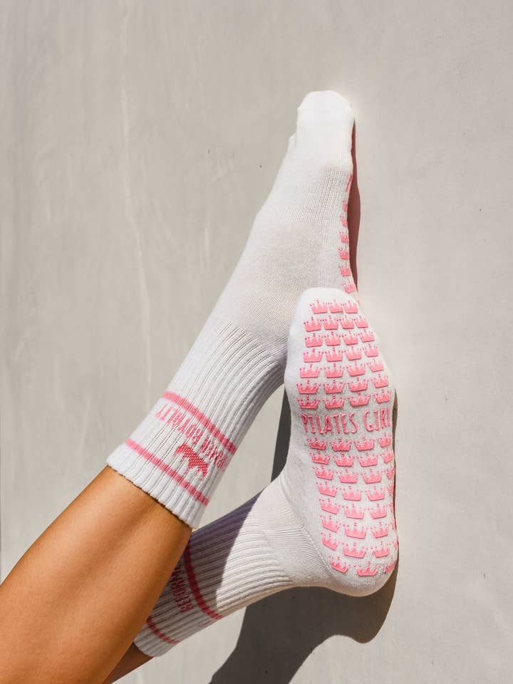 White Reformer Royalty Pilates Grip Socks for wholesale on Faire9