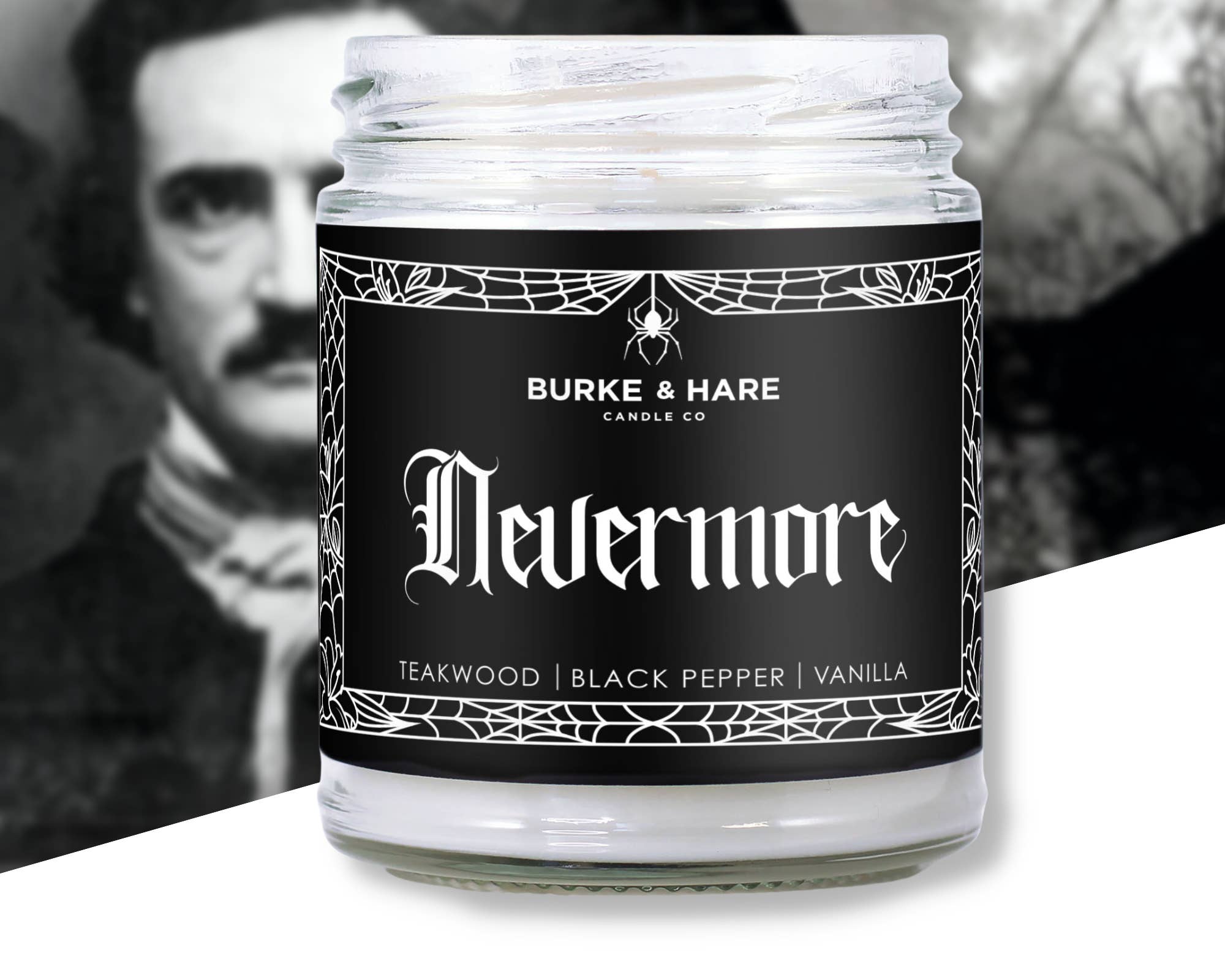 Burke & Hare Co - Wholesale Jar/Filled Candle - Edgar Allan Poe Candle - Nevermore - Teakwood - Gothic Gift