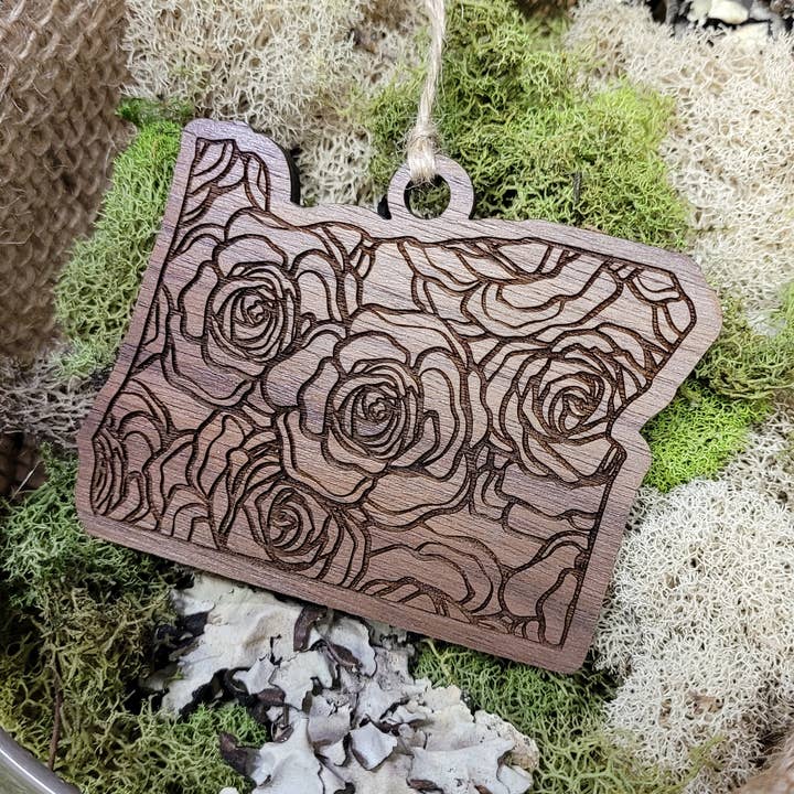 Oregon Roses Ornament State Shape | PNW Rose City Ornament for wholesale by The Nostalgia Company