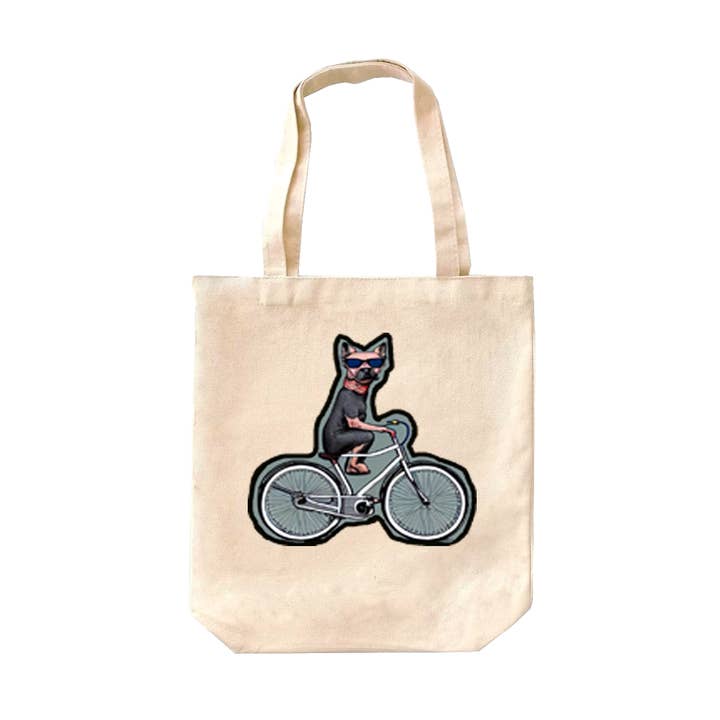 Unisex sassy dog on a bicycle tote/ handbag/ shopping bag for wholesale by Maqoba