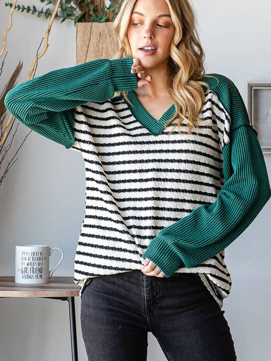 HEIMISH - Wholesale Blouse - Women's - ET7710-10 STRIPE AND SOLID URBAN RIBBED CONTRAST TOP
