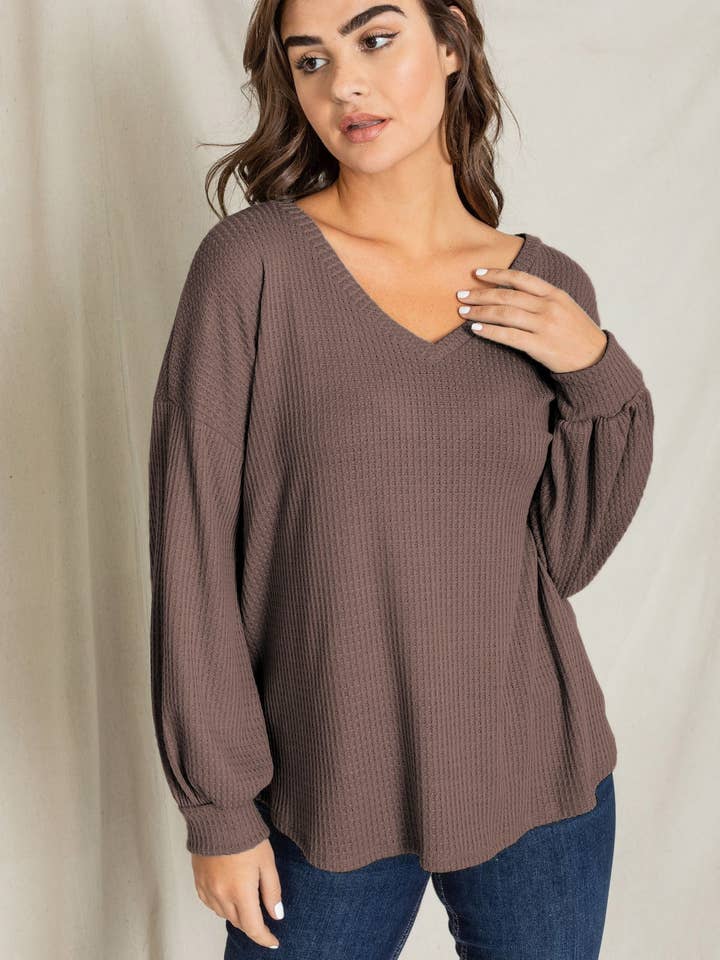 Plus Waffle Knit Balloon Sleeve Decote em V por atacado de EG fashion