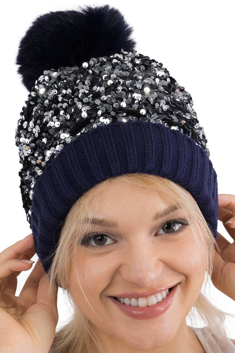 Cap Zone - Vente Bonnet – femme - Bonnet à pompon en tricot à paillettes métalliques Beazzled3