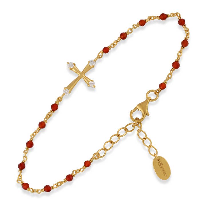 Red Natural Stones Cross Golden Silver Bracelet @365 for wholesale by ORUS BIJOUX