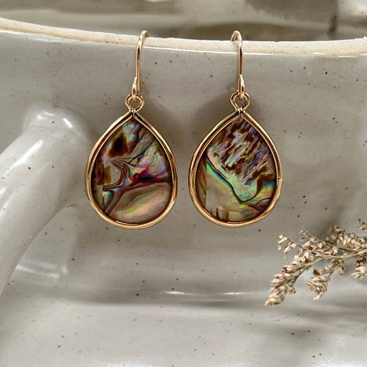Sela+Sage - Wholesale Dangle Earrings - Lightweight Paua Shell Drop Earrings, Bezel Teardrops GF