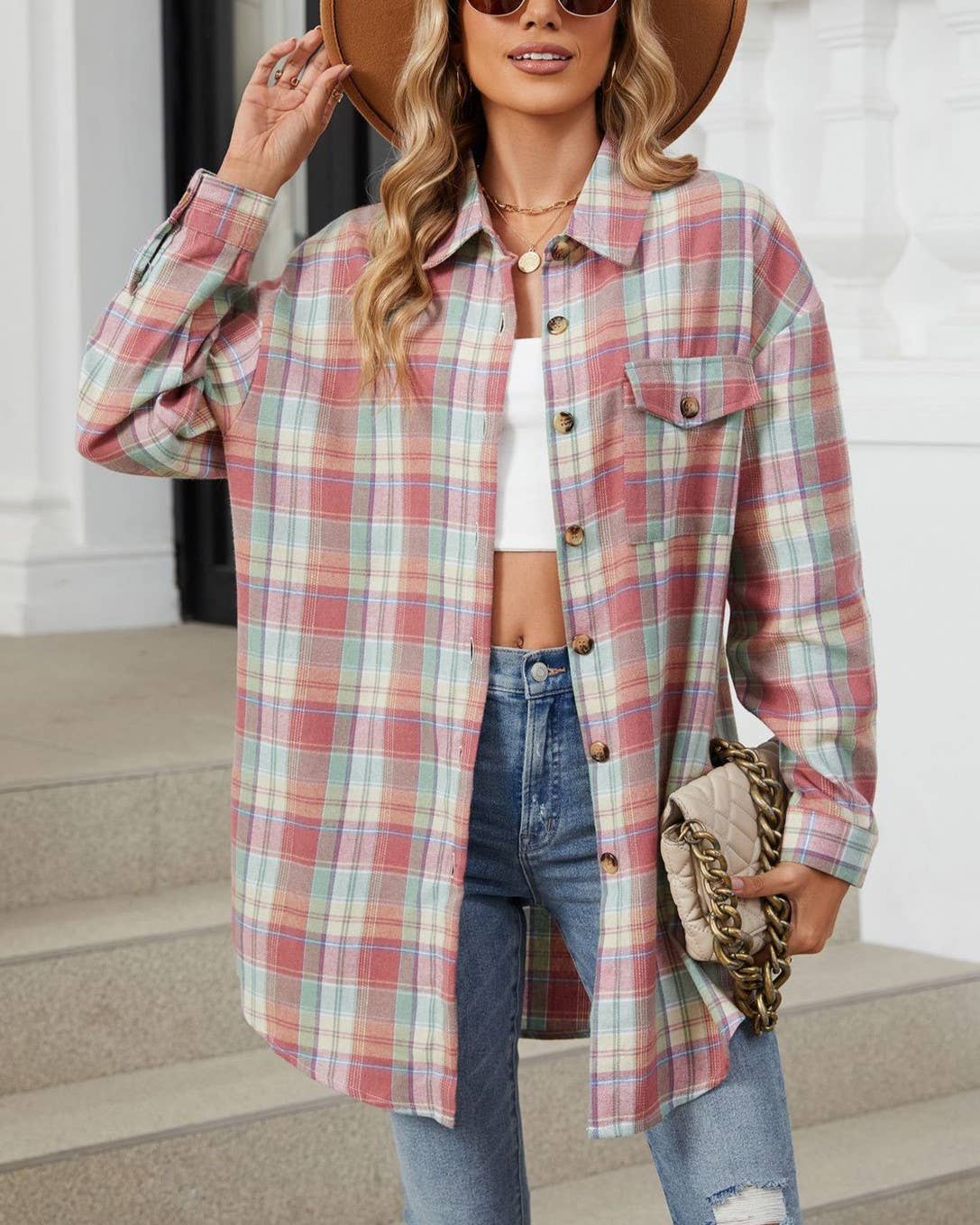 HIDDENBRAND - Wholesale Shirt - Women's - Oversized Boyfriend Brushed Plaid Shirt1