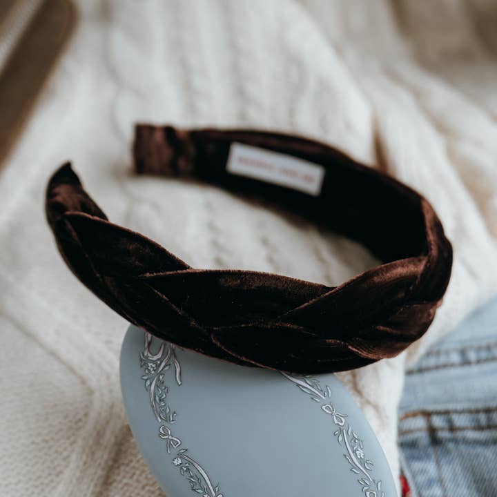 Women's Chocolate Brown Velvet Braided Headband for wholesale by Maddie and Me Handmade