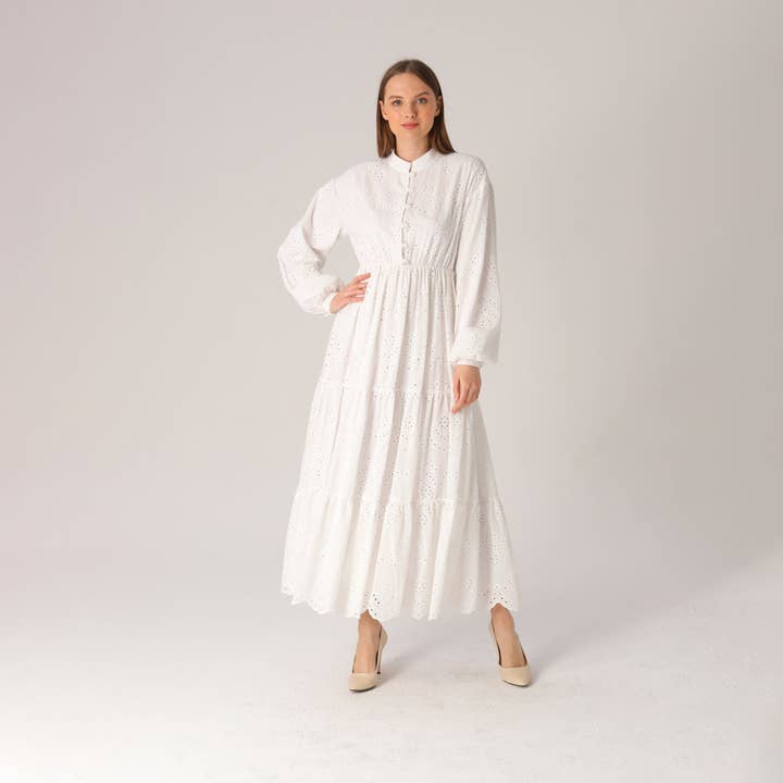 Modest White Long Sleeve Eyelet Maxi Dress for wholesale on Faire2