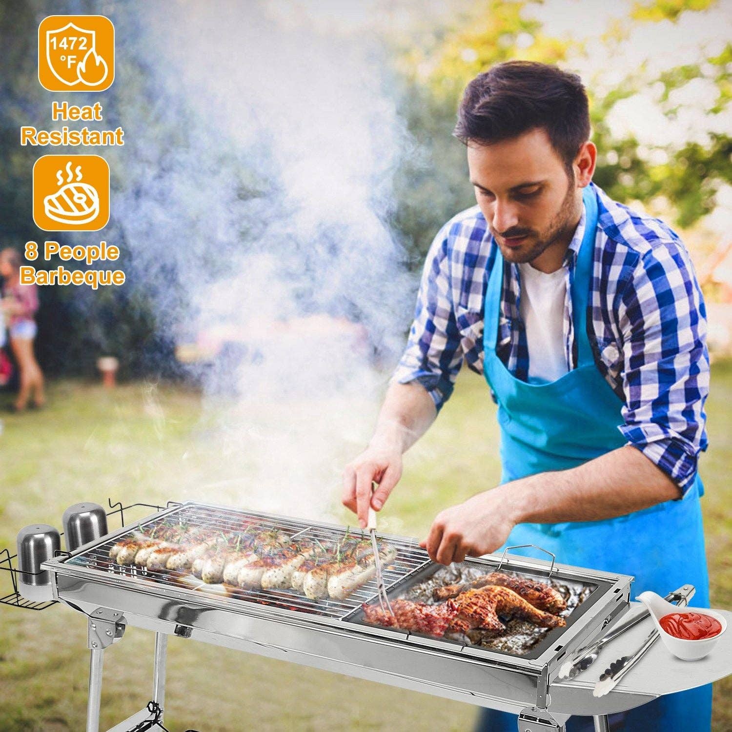 Silver Foldable BBQ Grill Portable Charcoal Barbeque Grill Stainless Steel BBQ Grill For Picnic Camping Backyard Cooking for wholesale on Faire0