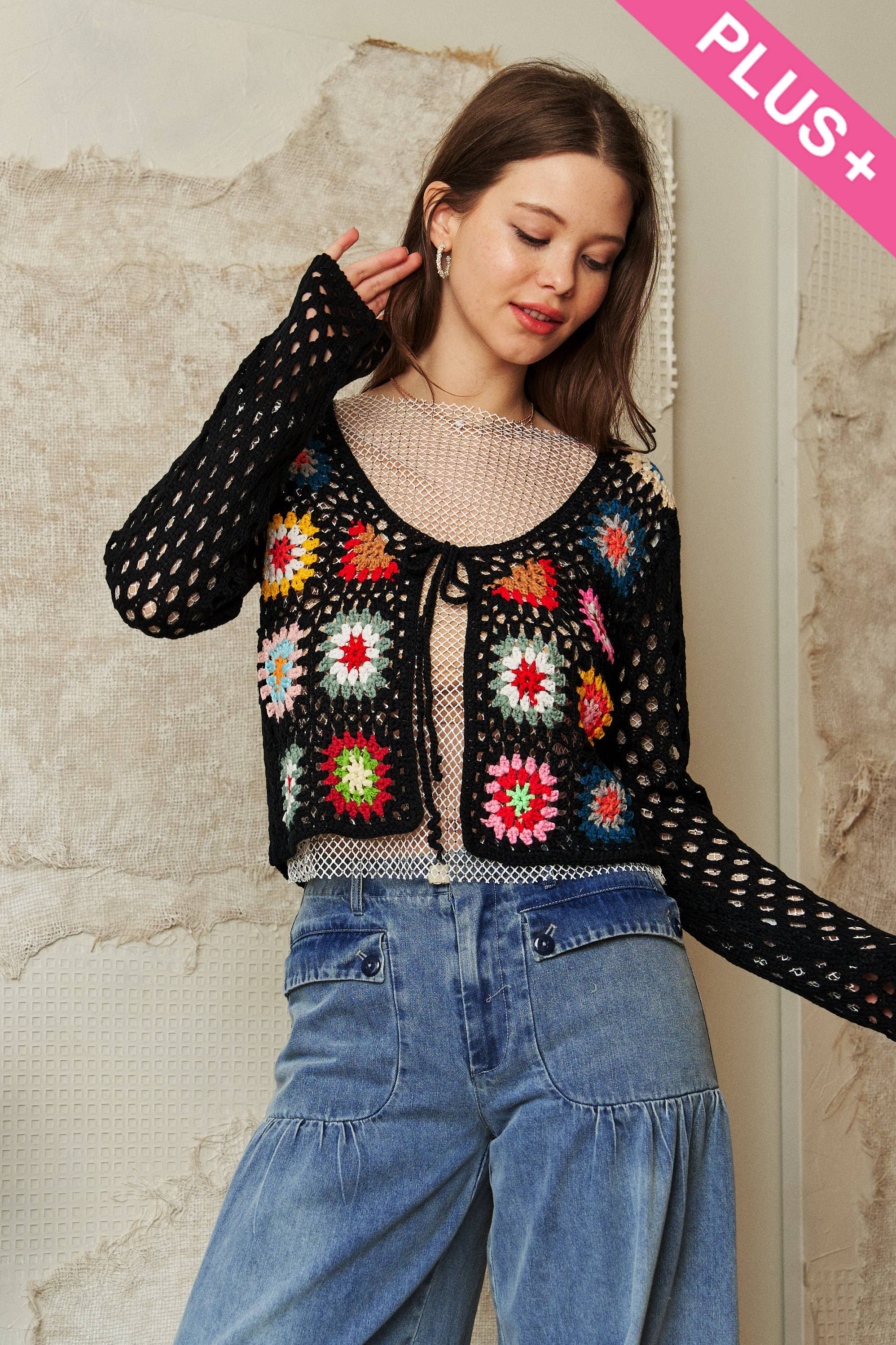 Davi & Dani - Wholesale Cardigan - Women's - PLUS CROCHET FLORAL LONG SLEEVE TIE FRONT CARDIGAN1