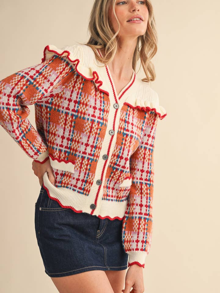 &MERCI - Wholesale Cardigan - Women's - RUFFLED YOKE PLAID SWEATER CARDIGAN MSW1118524