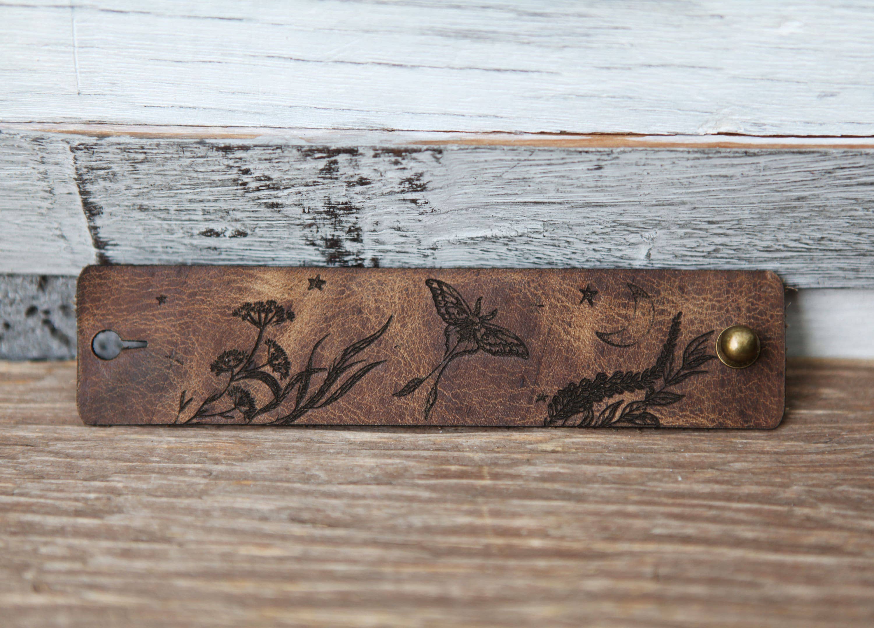 Sunrise Grove - Wholesale Scarf Clip - Women's - Luna Moth Moon & Stars Leather Shawl Cuff with Bronze Stud3