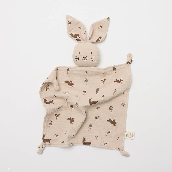 Organic Muslin Bunny Lovey Woodlands print for wholesale by Over the Dandelions