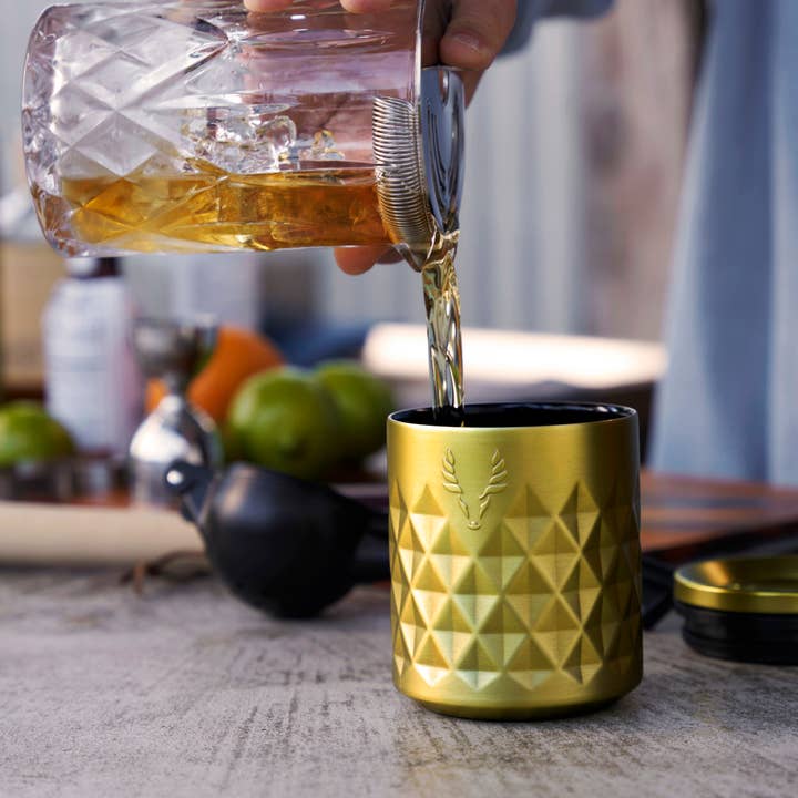 Viski - Wholesale Cocktail/Liquor Glass - Paragon Insulated Double Walled Rocks Tumbler w/ Lid - Gold
