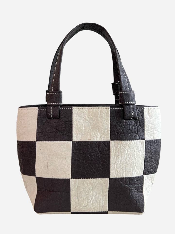 Mini Tote, Checkered Patchwork Dark Chocolate/Natural for wholesale by Ceibo