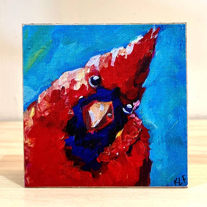 Cletus the Cardinal 4x4" Canvas Print on Wood for wholesale by The Art of Kristen Feighery