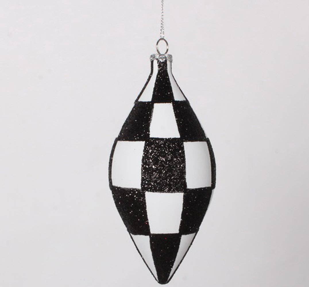 Winterland Inc. - Wholesale Ornament Set - 4 Pack of Black and White Checkered Teardrop Ornaments with Glitter Enhancements1