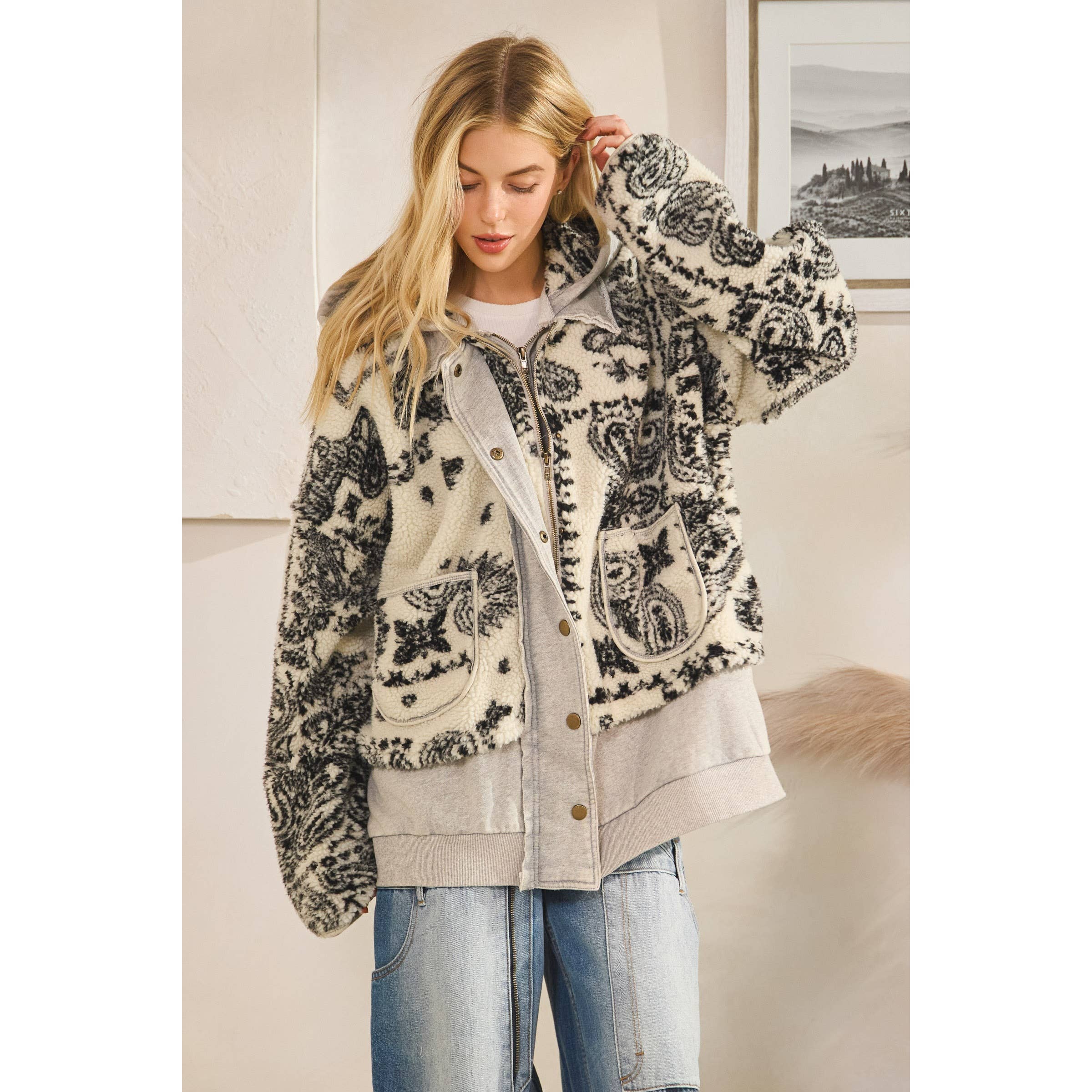 GREY CREAM TERRY FLEECE MIX ZIP FRONT JACKET for wholesale on Faire4