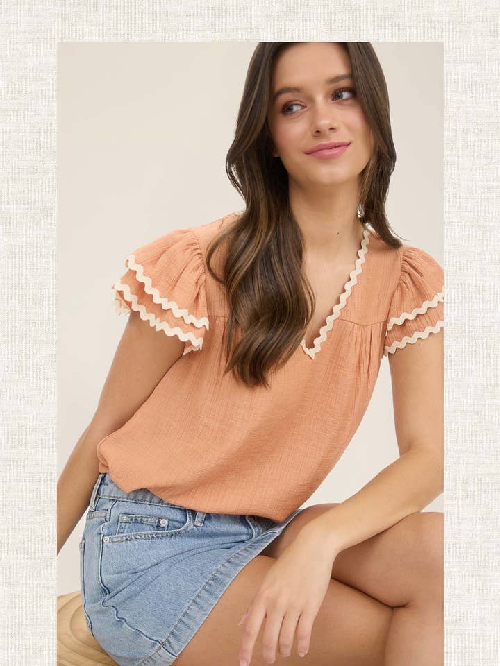Blu Pepper - Wholesale Blouse - Women's - V NECK WAVY TRIM RUFFLE SLEEVE TOP