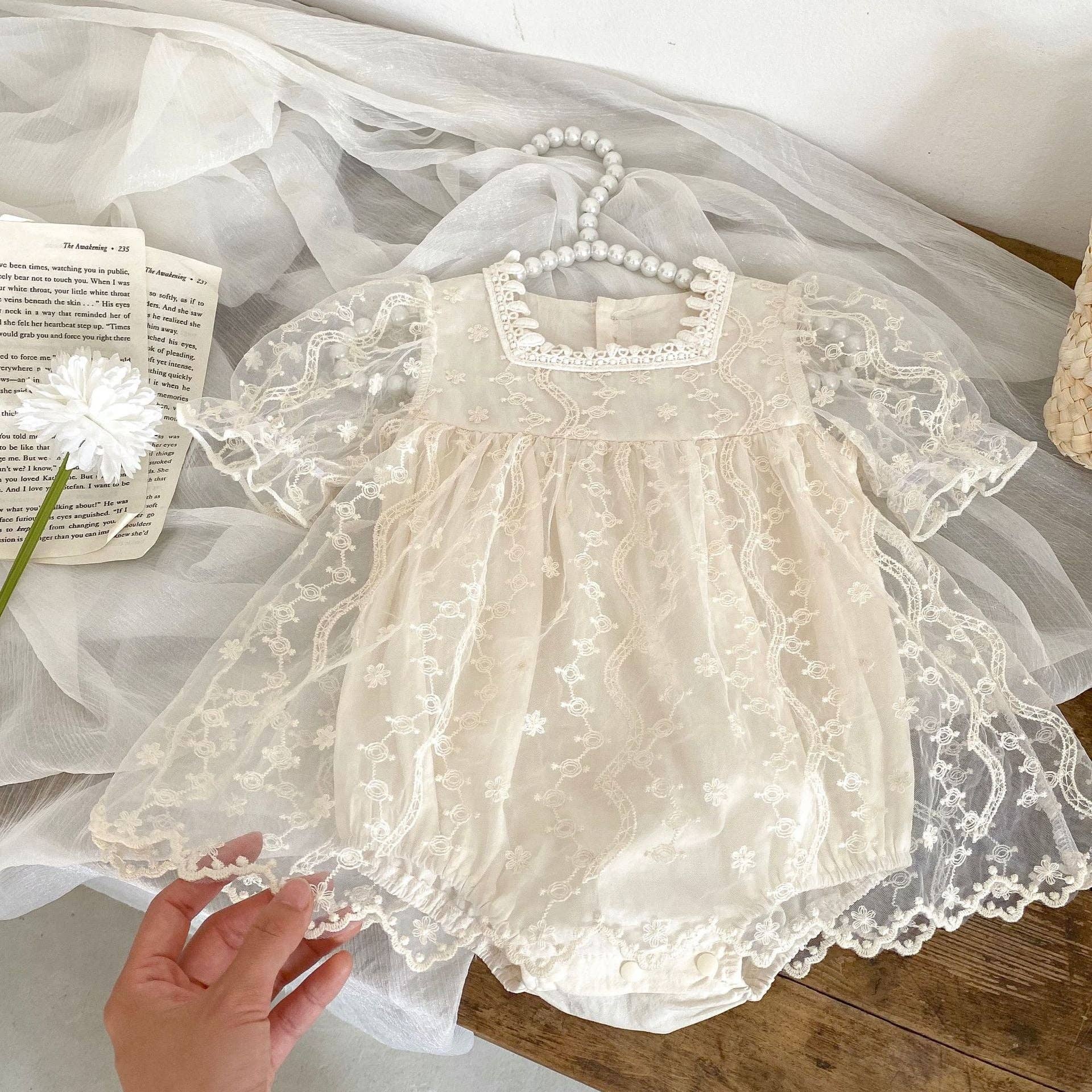 White Baby Girl Solid Color Floral Embroidered Mesh Design Princess Dress for wholesale on Faire3