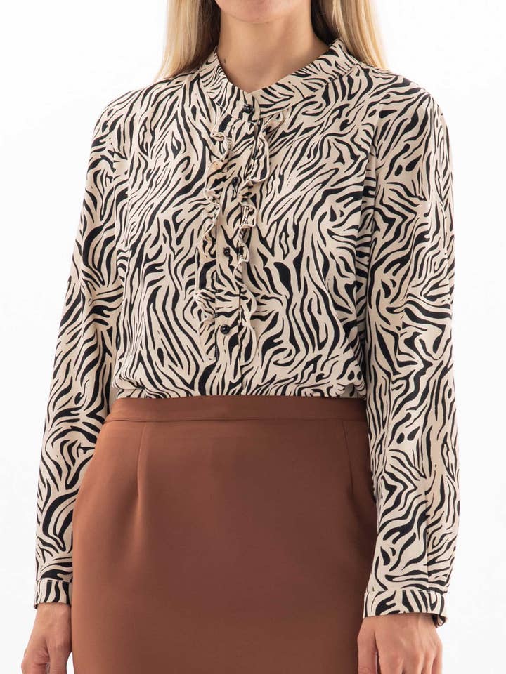 Zebra Shirt Beige Base Ruffles along buttons for wholesale by VIDAL MODES