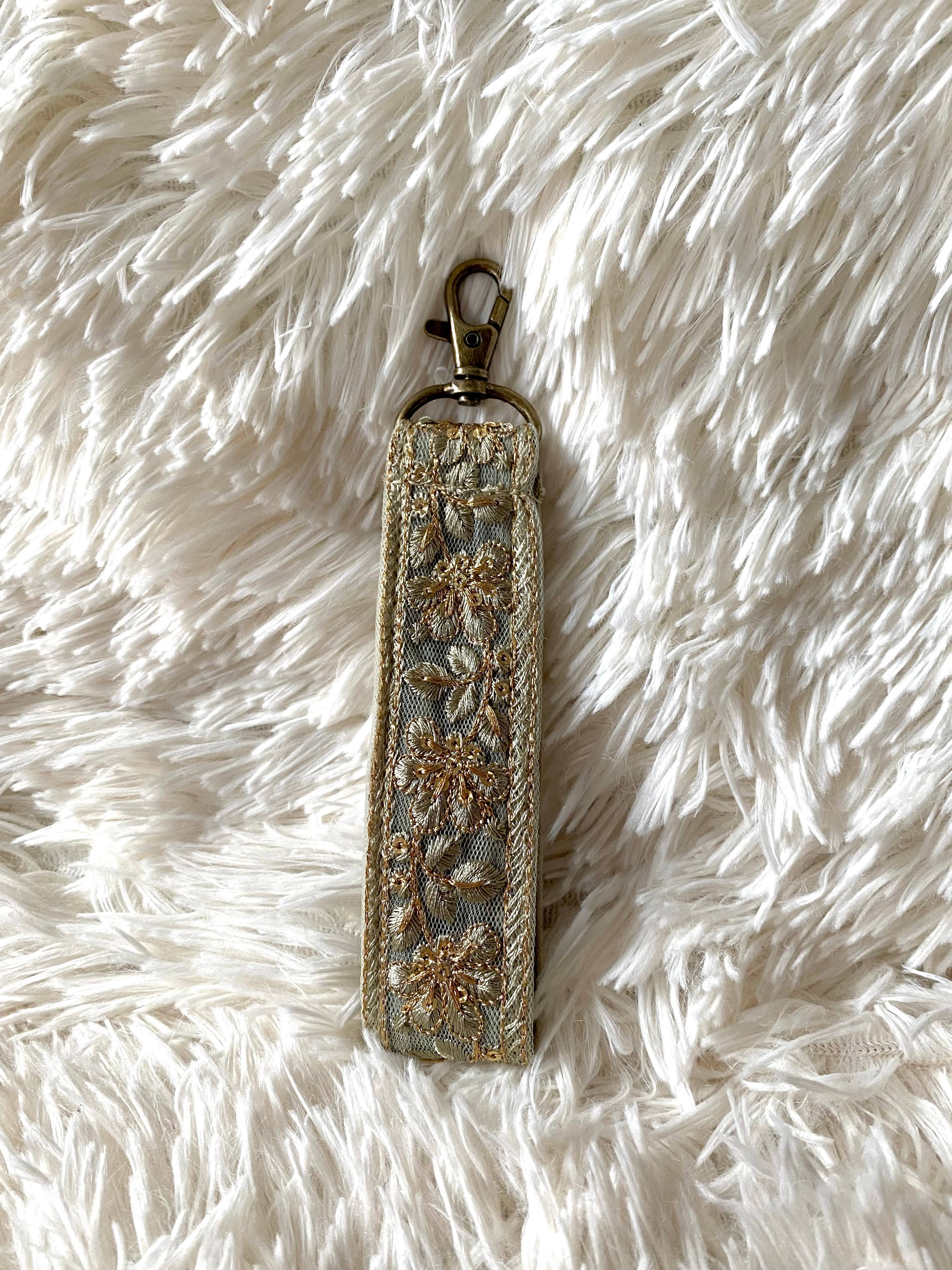 Temple of Treasure - Wholesale Keychain - Women's - Golden Glow in Green ~ floral fabric keychain with hook ~ 3