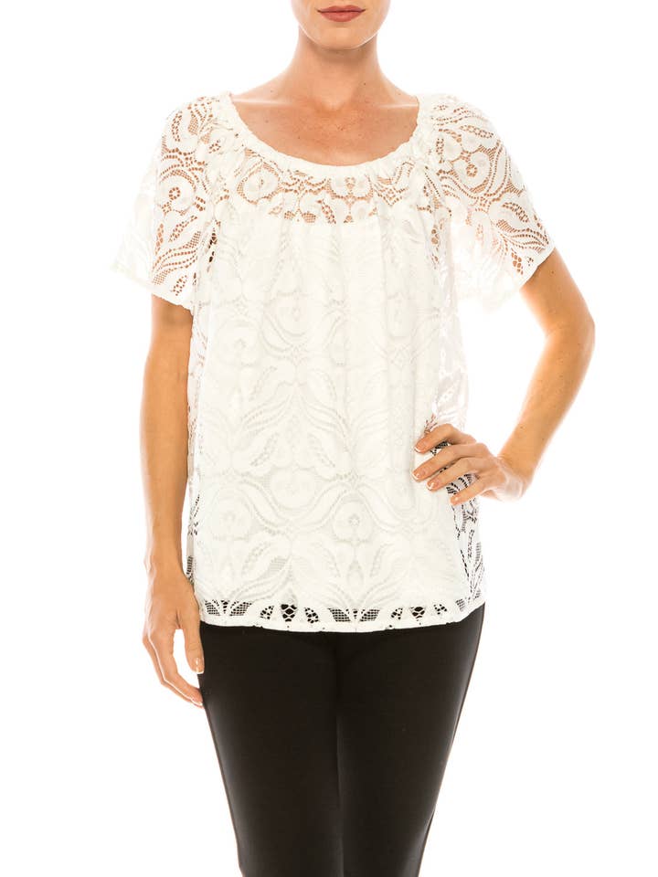 Grand & Greene White Lace Short Sleeve Elastic Boat Neckline Top for wholesale on Faire