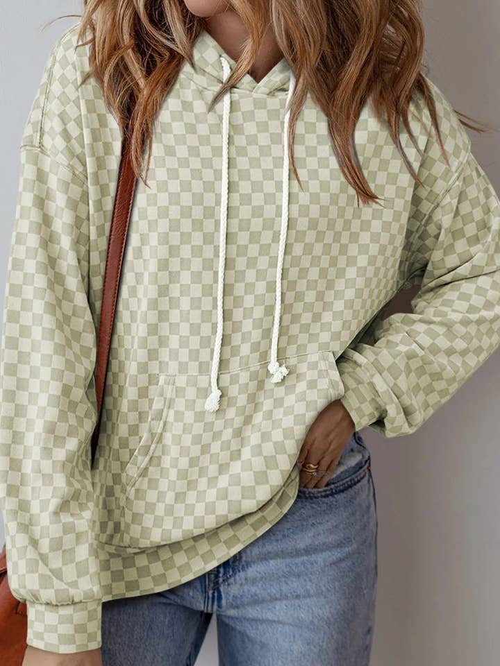 Checkered Print Kangaroo Pocket Drawstring Hoodie for wholesale by Salty Bloom