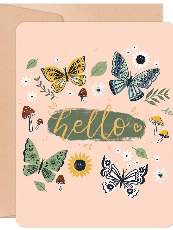 Carte d'amitié Papillons et Champignons Bonjour pour la vente par Willow & Ivy Press