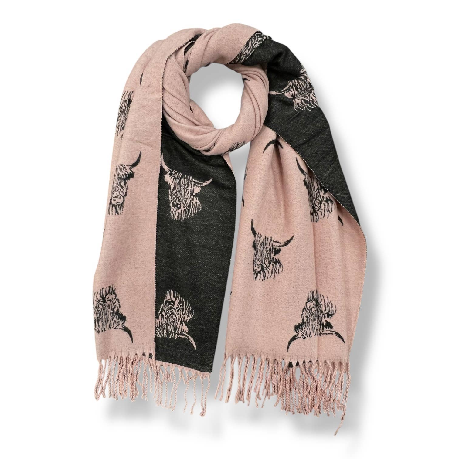 London Scarves - Wholesale Scarf - Women's - Highland cows on cashmere blend scarf finished with tassels8
