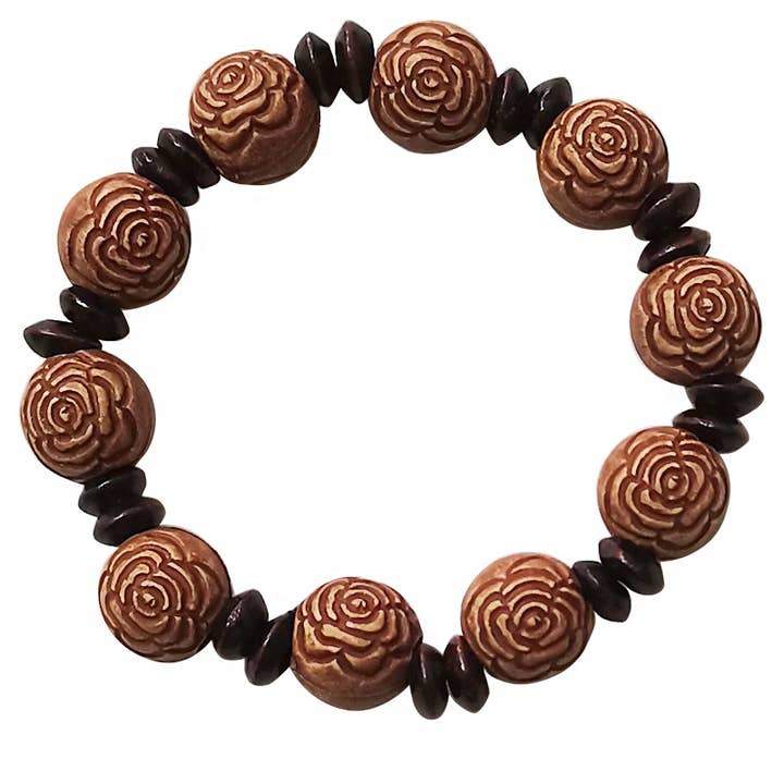 Cap Zone – Pulseira de missangas por atacado – Madeira Gravada Rosa Bracelete Chakra Mala