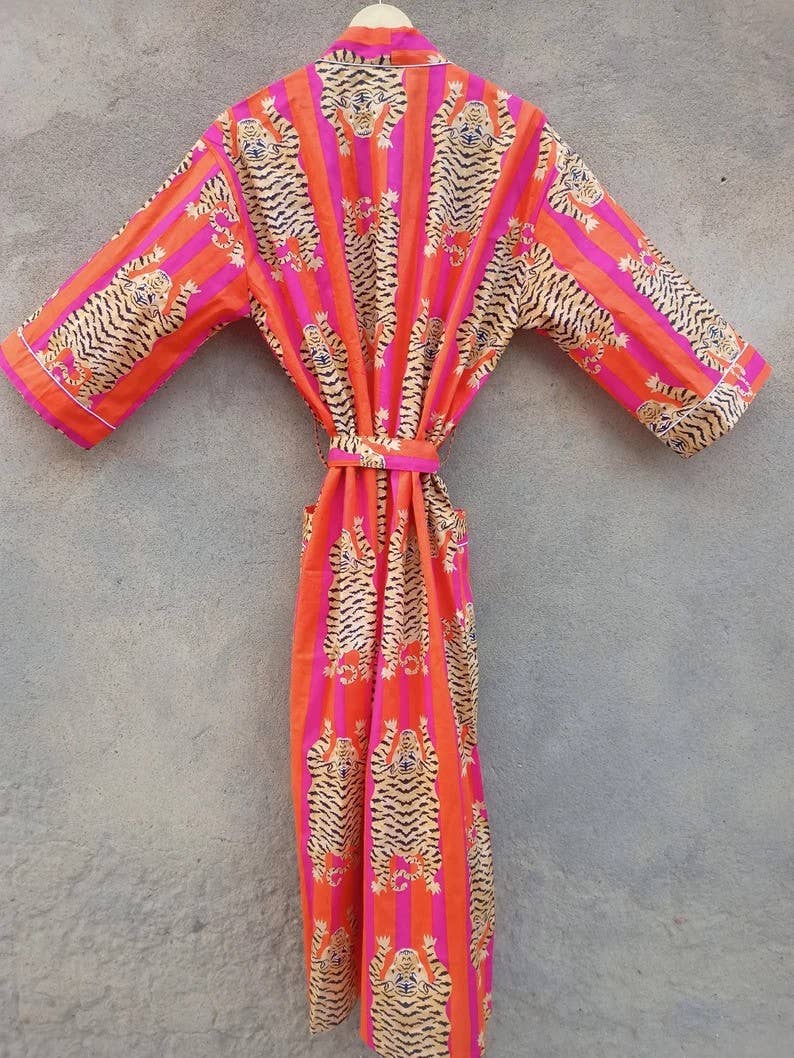 Bhawana Handicrafts - Vente Peignoir – femme - Peignoirs kimono en coton imprimé au tampon pour femmes et unisexe1