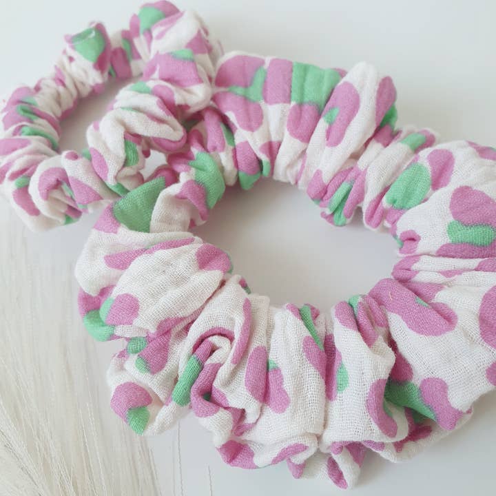 Pink leopard double gauze scrunchie for wholesale by MlleChouChou