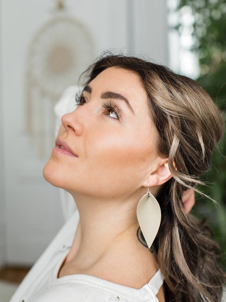 Putty Tan Leather Leaf Earrings for wholesale by Whitebirch Handmade Goods