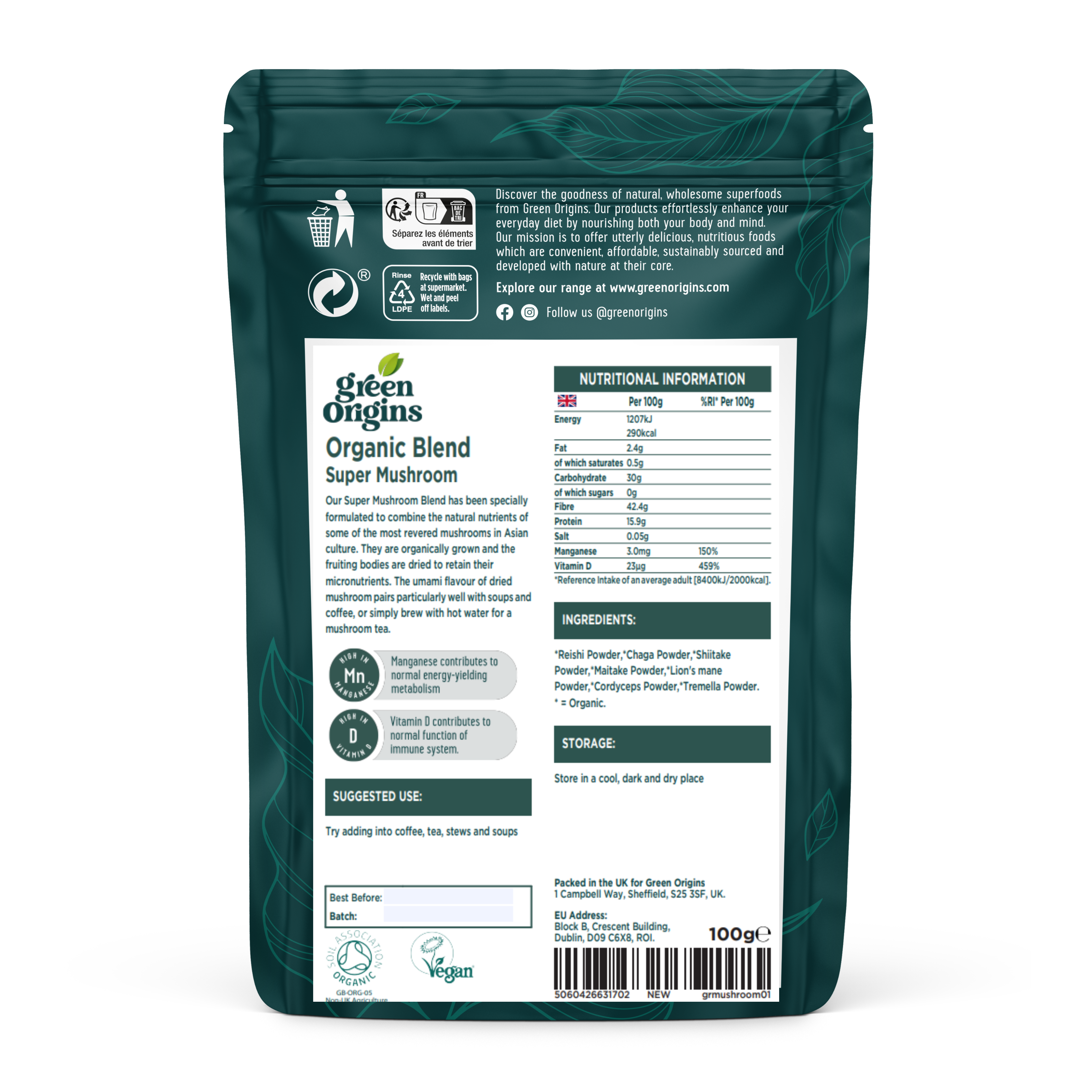 Brand Organic – Engroshandel Protein-/superfoodpulver – Green Origins 7 Super Svampeblanding 100g Økologisk2