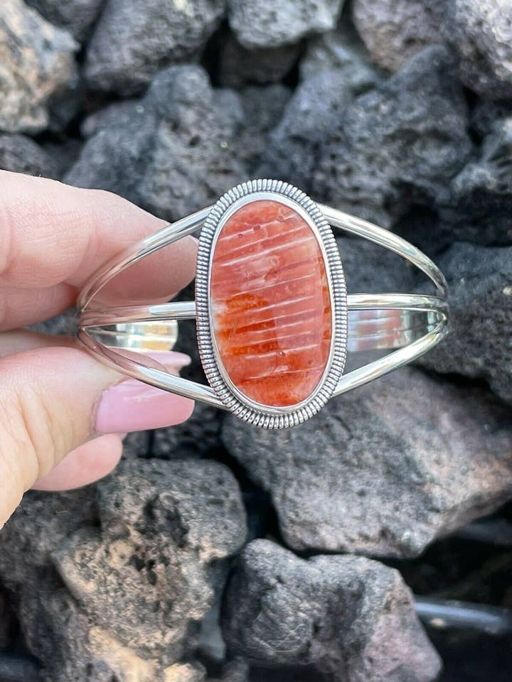 Navajo Orange Spiny Sterling Silver Cuff Bracelet Stamped Wydell Billie for wholesale by Nizhonitradersllc