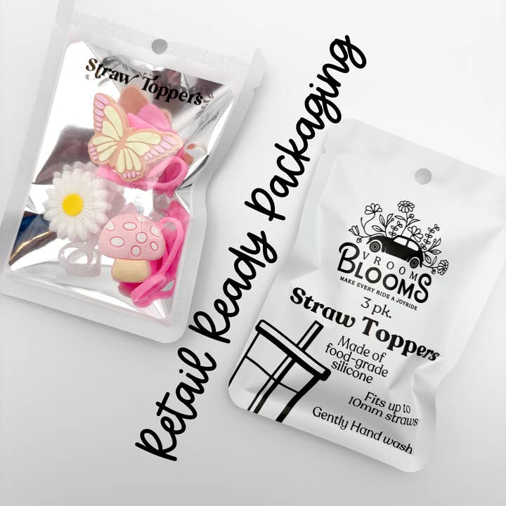 Vroom Blooms - Wholesale Drinking Straw - Straw Topper 3 pack - Pink Mushroom, Daisy, ButterflyÂ