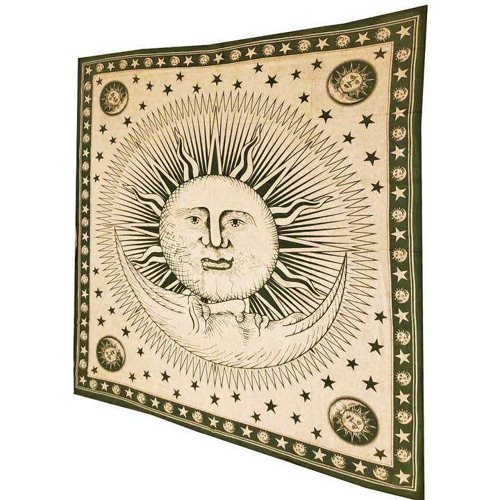 Tapisserie Soleil Divin et Croissant de Lune Céleste avec illustration personnalisée pour la vente par Wild Lotus