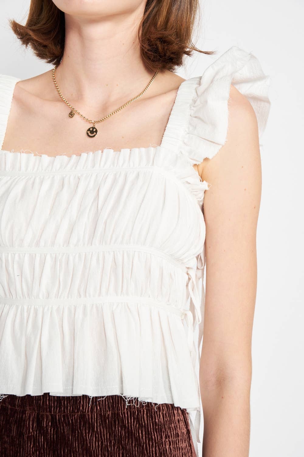 OFF WHITE SQUARE NECK GATHERED TOP WITH RUFFLE DETAIL for wholesale on Faire4