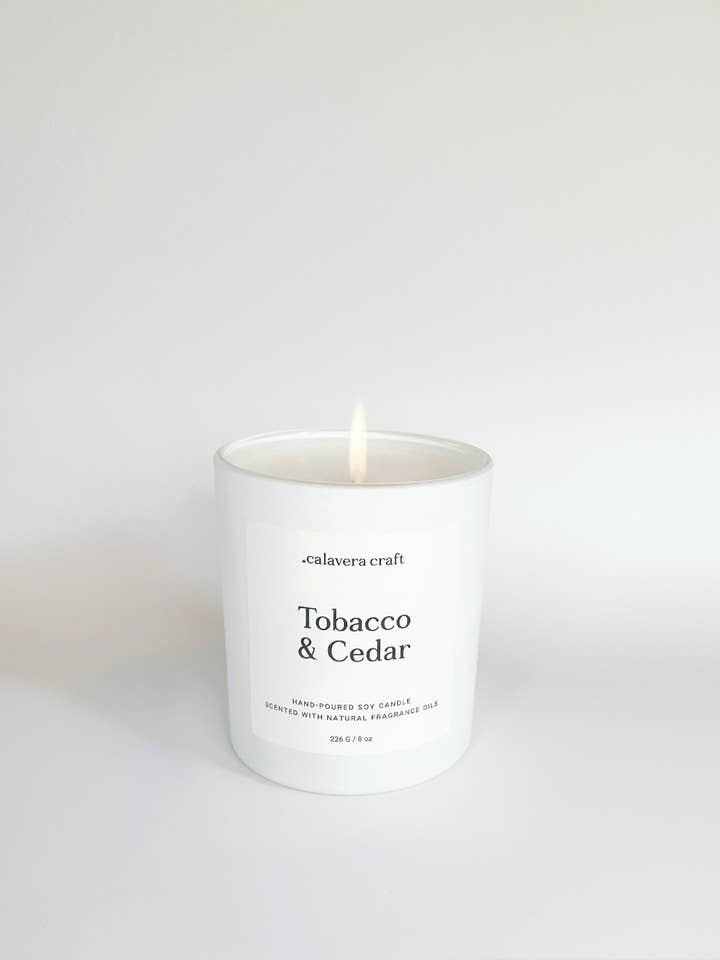 Tobacco & Cedar Small Soy Candle - 8 oz for wholesale by Calavera Craft