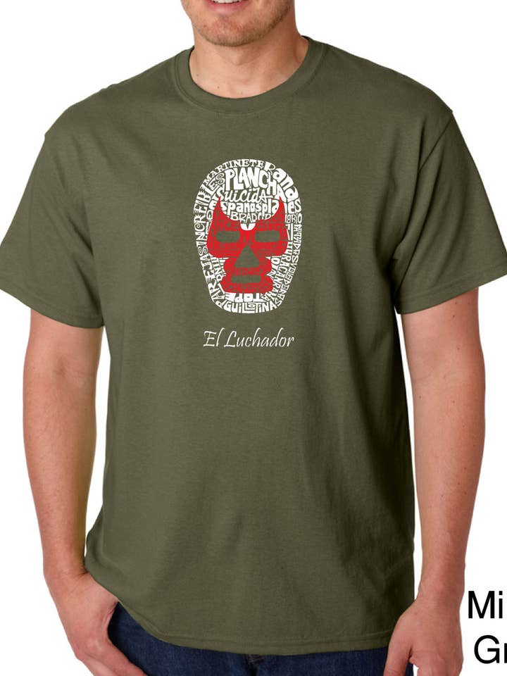 LA Pop Art - Venta al por mayor Camiseta serigrafiada - Hombre - LA Pop Art - Camiseta para hombre, diseño de palabras, máscara de lucha libre mexicana