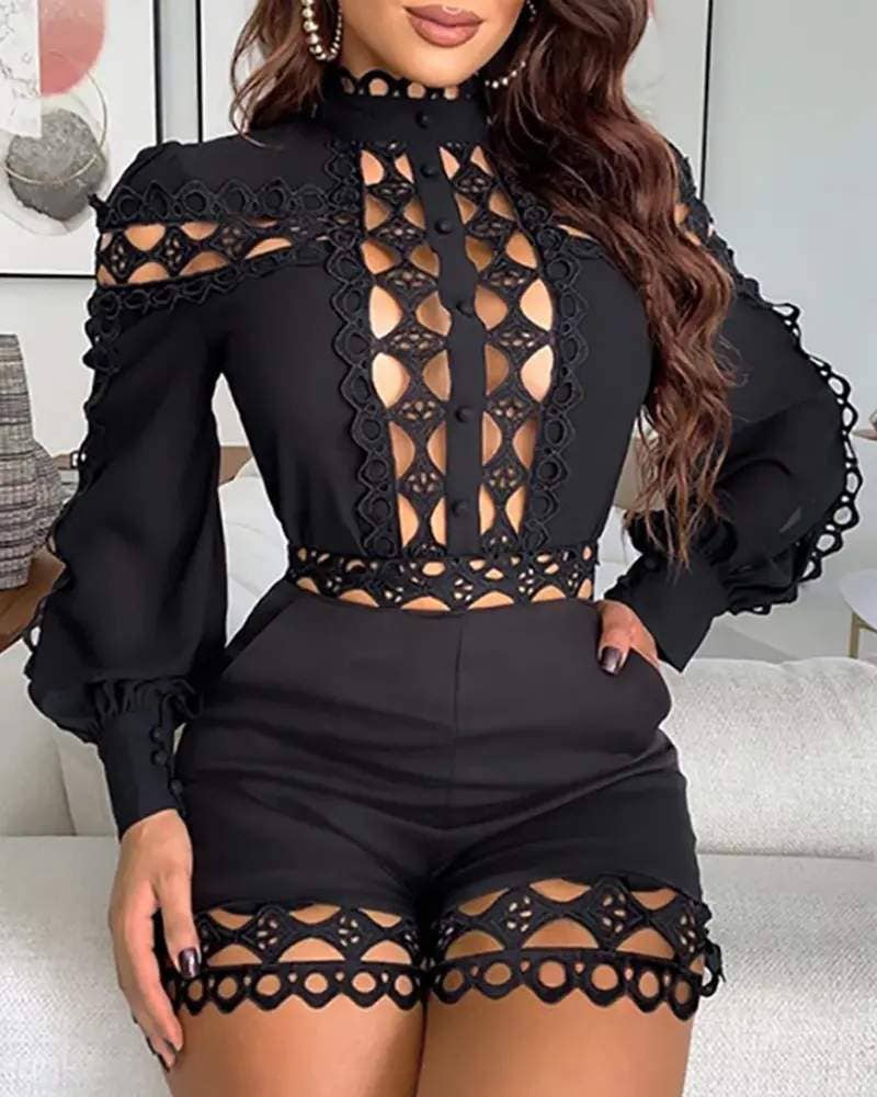 Queen Fashion – wholesale Jumpsuit - Dam – utskuren guipure spetsficka med lyktärmad tröja1