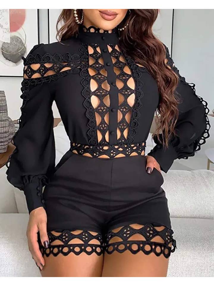 Queen Fashion – wholesale Jumpsuit - Dam – utskuren guipure spetsficka med lyktärmad tröja1