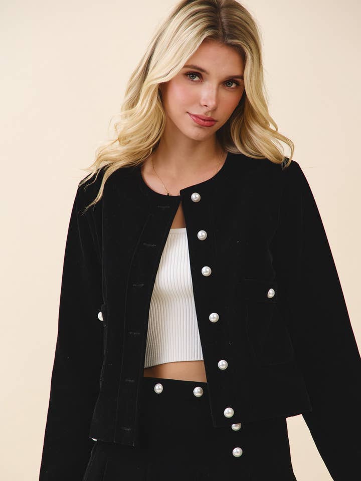 CJ6740-Veste courte en velours avec fermetures à boutons en perle pour la vente par TCEC