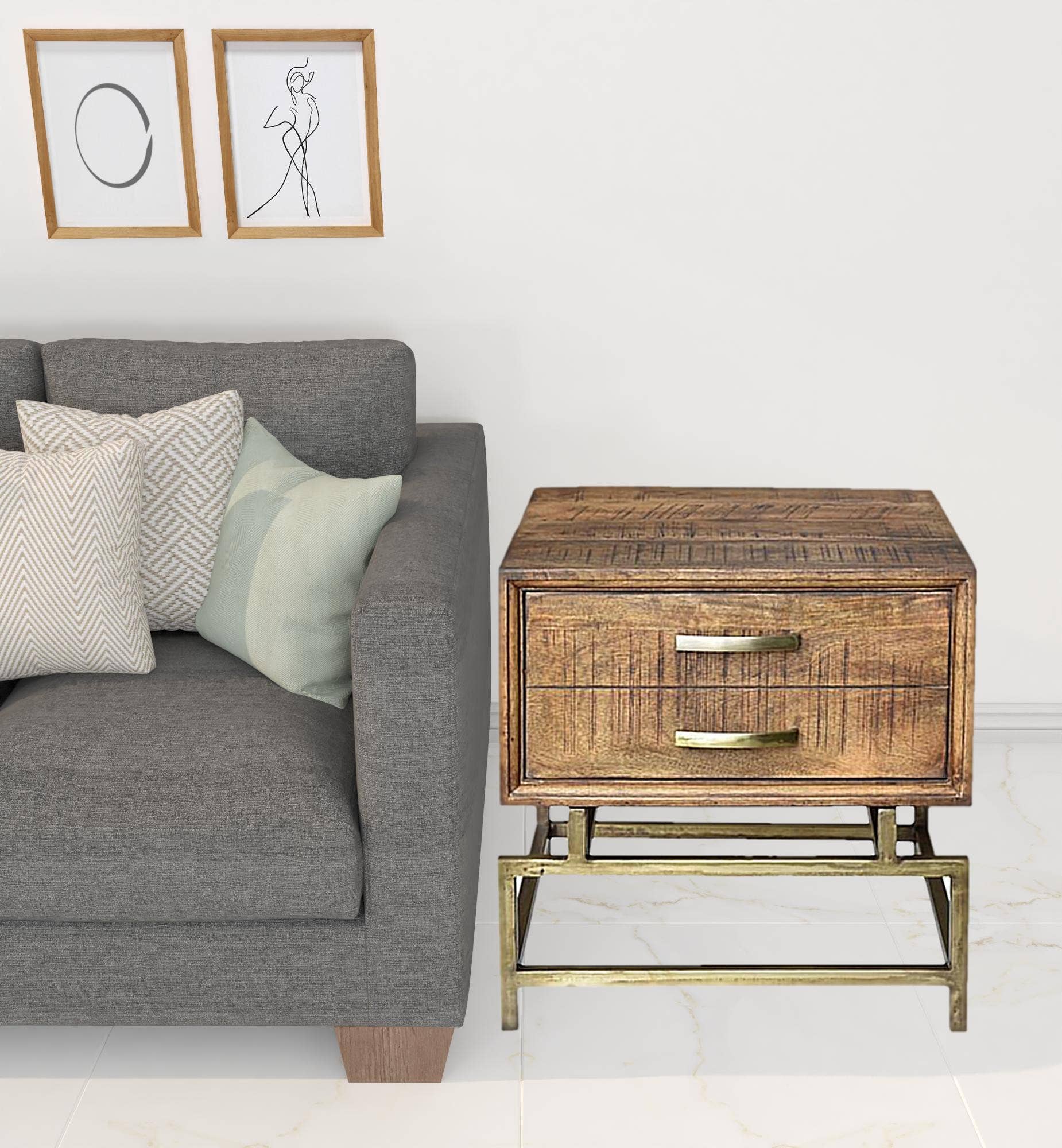 HomeRoots - Wholesale Side Table - 21" Brass And Brown Solid Wood And Iron Square End Table1